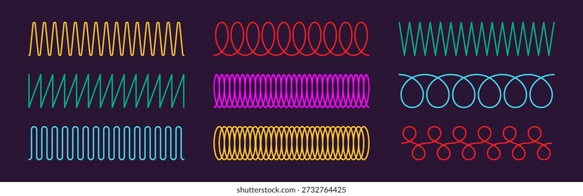 Conjunto de línea de resorte en espiral. Colección de icono de resorte de bobina de alambre de metal. Símbolo de ondas finas en zigzag. Formas de bobina flexible. Patrón de línea de bucle de neón. Ilustración vectorial aislada sobre fondo blanco.
