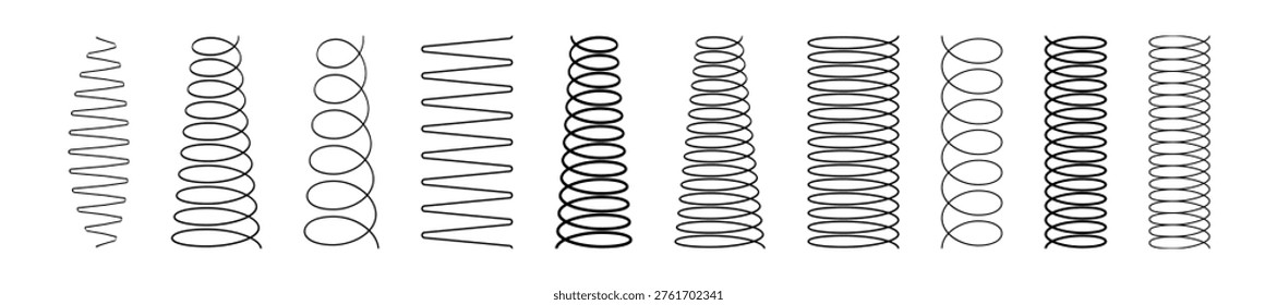 Spiral spring line set. Metal wire coil spring icon collection. Thin zigzag waves symbol. Flexible coil shapes. Loop line seamless pattern. Vector illustration isolated on white background.