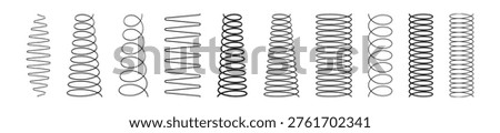 Spiral spring line set. Metal wire coil spring icon collection. Thin zigzag waves symbol. Flexible coil shapes. Loop line seamless pattern. Vector illustration isolated on white background.