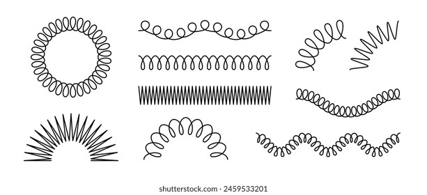 Spiralfedersatz. Schwarze Metalldraht-Spiralfeder-Kollektion. Dünne Drahtrahmen, Zickzacklinien, Metallwellen, biegsame Spulen und Bogenelement-Pack für Grafikdesign-Vorlagen, Dekor. Vektorgrafik Paket