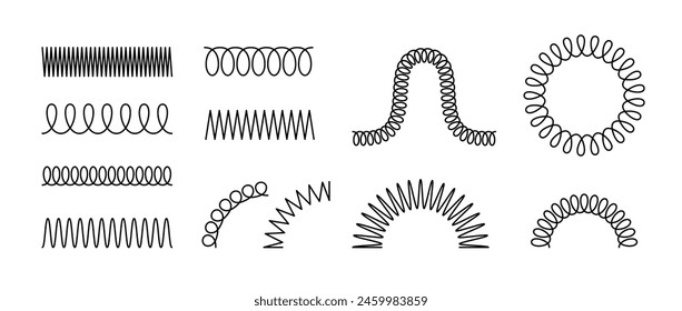 Spiral spring set. Black metal wire coil spring collection. Thin wire frames, zigzag lines, metal waves, flexible coils and arch element pack for graphic design templates, decor, border. Vector bundle