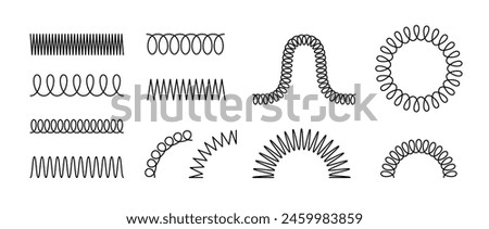 Spiral spring set. Black metal wire coil spring collection. Thin wire frames, zigzag lines, metal waves, flexible coils and arch element pack for graphic design templates, decor, border. Vector bundle