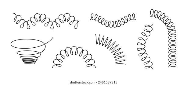 Juego de muelles en espiral. Colección de muelle de bobina de alambre negro. Marcos de alambre finos, líneas en zigzag, ondas metálicas, bobinas flexibles y paquete de elementos de arco para Plantillas de Diseño gráfico, decoración, borde. Paquete de Vector