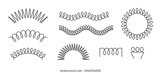 Spiral spring set. Black wire coil spring collection. Thin wire frames, zigzag lines, metal waves, flexible coils and arch element pack for graphic design templates, decor, border. Vector frame bundle