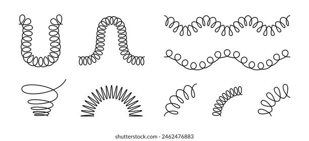 Spiral spring set. Black wire coil springs collection. Thin wire frames, zigzag lines, metal waves, flexible coils and arch elements pack for graphic design templates, decor, border. Vector bundle