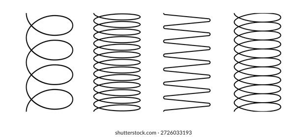 Conjunto de resorte espiral. Colección de icono de resorte de bobina de alambre de metal. Símbolo de línea de ondas en zigzag delgadas. Formas de bobina flexibles. Patrón de línea de bucle. Ilustración vectorial aislada sobre fondo blanco. 