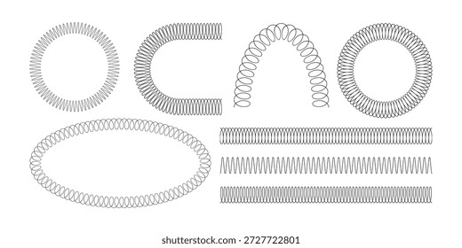 Spiralfedersatz. Metalldraht Spiralfeder Symbol Sammlung. Dünnes Zickzackwellen-Symbol. Flexible Spulenformen. Schleifenlinienmuster. Vektorgrafik einzeln auf weißem Hintergrund. 