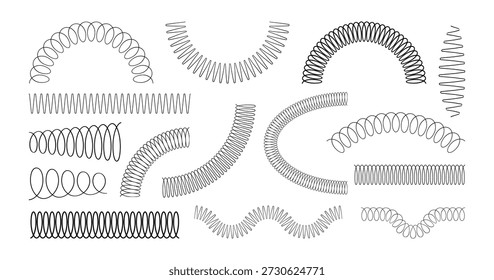 Spiral spring set. Metal wire coil spring icon collection. Thin zigzag waves symbol. Flexible coil shapes. Loop line pattern. Vector illustration isolated on white background. 