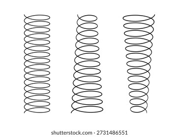 Spiral spring set. Metal wire coil spring icon collection. Thin zigzag waves symbol. Flexible coil shapes. Loop line pattern. Vector illustration isolated on white background. 