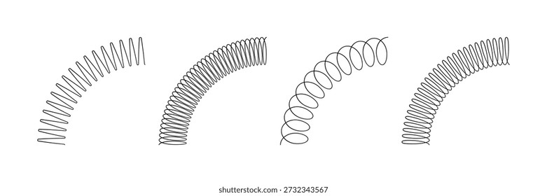 Spiral spring set. Metal wire coil spring icon collection. Thin zigzag round corner symbol. Flexible coil shapes. Loop line pattern. Vector illustration isolated on white background. 