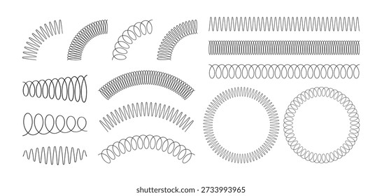 Spiral spring set. Metal wire coil spring icon collection. Thin zigzag waves symbol. Flexible coil shapes. Loop line pattern. Vector illustration isolated on white background. 