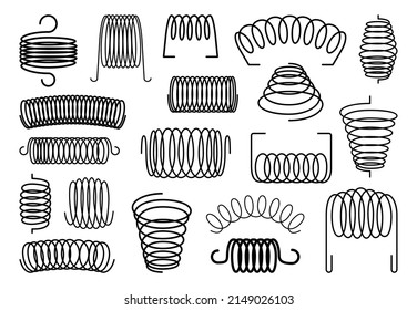 Spiral springs and coils, metal flexible wires and steel elastic bounces, vector icons. Mattress, machine suspension springs and shock absorbers, extended and compressed of different shapes svg
