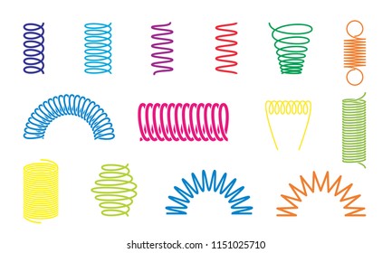 Spiral springs different color shapes and types. Vector icons of swirl line or curved wire cords, shock absorbers or equipment parts