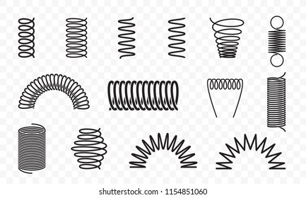 Spiral springs different shapes and types vector icons of swirl line or curved wire cords, shock absorbers or equipment parts on transparent background svg