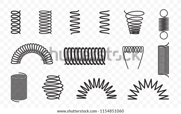 Spiral springs different shapes\
and types vector icons of swirl line or curved wire cords, shock\
absorbers or equipment parts on transparent\
background