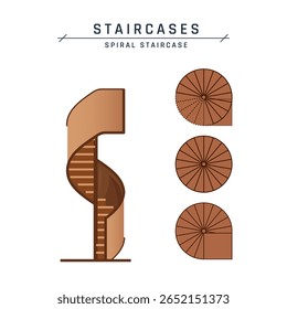 Spiral staircase. Architectural blueprint of side and top view. Sketch of wooden circular stairs with handrails. Vector illustration isolated on a white background in flat style.