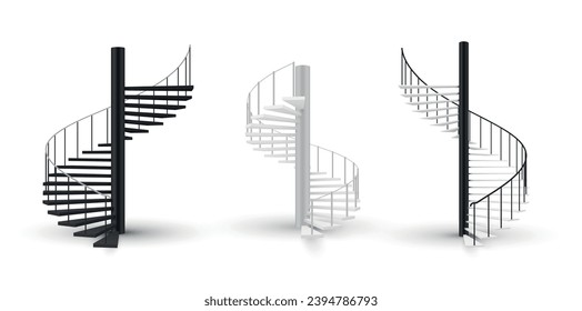 Spiral staircase black and white stairs design curved furniture for climbing set realistic vector illustration. Circular furnishing step spin architecture structure comfort ladder with rail handrail