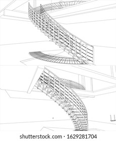 Spiral Staircase Construction Structure Of Lines Vector 37. Spiral Stairway Isolated Illustration On White Background. 