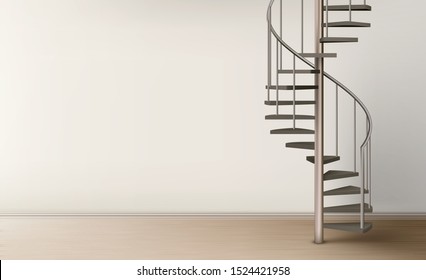 Spiral staircase in empty home interior with clean wall and floor, metal helical round ladder on pillar with tube railings and wooden stairs. Modern room design. Realistic 3d vector illustration