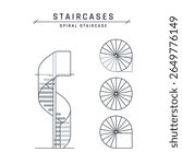 Spiral staircase. Front and top view for architectural blueprints, drawings. Sketch of outlined round stairs with handrails. Vector illustration isolated on a white background in flat style.
