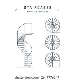 Spiral staircase. Front and top view for architectural blueprints, drawings. Sketch of outlined round stairs with handrails. Vector illustration isolated on a white background in flat style.