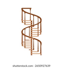 Spiral staircase. Front view of a wooden circular stairs with handrails for architectural designs, games. Vector illustration isolated on a white background in flat style.