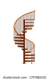 Spiral staircase. Isolated wooden staircase with railing icon. Vector interior spiral stair steps design. Architecture and climb concept