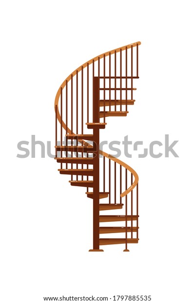 Spiral staircase. Isolated wooden staircase with\
railing icon. Vector interior spiral stair steps design.\
Architecture and climb\
concept