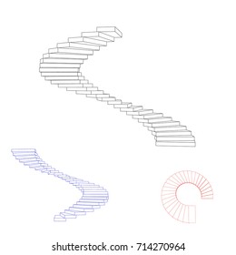 Spiral staircase set. Isolated on white background. Vector outline illustration.