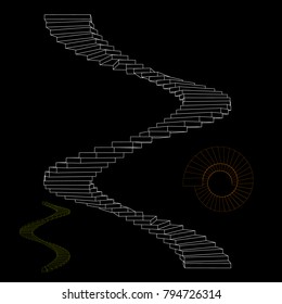 Spiral staircase set. Isolated on black background. Vector outline illustration.