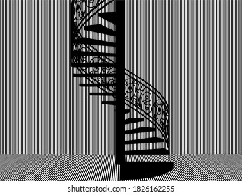 Spiral Staircase Vector 39. Spiral Staircase Silhouette in Black And White Stripes Room. 