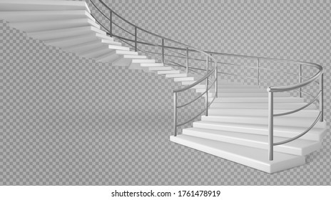 Spiral staircase, white stairs with railings isolated on transparent background. Helical round ladder with metal tube banisters and stone steps. Modern interior design Realistic 3d vector illustration