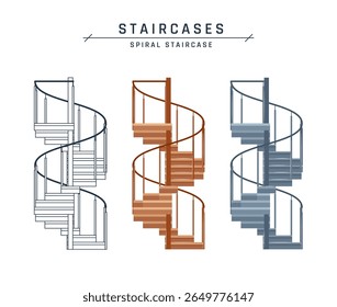 Spiral staircases. Architectural blueprint of side or front view. Icon set of wooden and metal circular stairs with handrails. Vector illustration isolated on a white background in flat style.