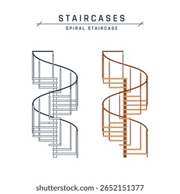 Spiral staircases. Architectural blueprint of side or front view. Icons of wooden circular stairs with handrails and outlined one. Vector illustration isolated on a white background in flat style.