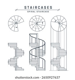 Spiral staircases set. Side and top view for architectural blueprints, drawings. Sketch of outlined circular stairs with handrails. Vector illustration isolated on a white background in flat style.