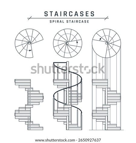 Spiral staircases set. Side and top view for architectural blueprints, drawings. Sketch of outlined circular stairs with handrails. Vector illustration isolated on a white background in flat style.