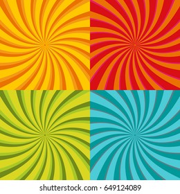 Spiral starburst, sunburst background set. Lines, stripes with twirl, rotating distortion effect. Red, yellow, green and blue colors. Vector illustration