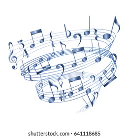 Spiral stave with blue shining gradient. Circle swirl seen from above with musical notes and G clef. Spiral musical score vector.