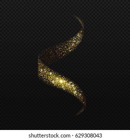 Spiral stream of sparkling glitters confetti. Glowing trail of golden particles on black transparent background