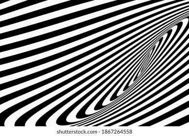 Spiral Striped Abstract Tunnel Background. Vector shaded 3D illustraion of vortex view with geometrical hypnotic black and white flowing down below. vortex shape.Vector illustration.