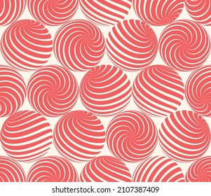 Spiral Striped Balls In Different Positions Seamless Pattern Psychedelic Art Red White Abstract Vector Background. Rave Freaky Acid Trip Crazy Repetitive Wallpaper. Spheres Curved Linear Patterns