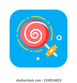 Spiral striped colorful lollipop on white plastic sticks flat icon. Sign for web page, mobile app, banner, social media. Pictogram UI/UX and GUI user interface. Vector clipart, illustration, template.