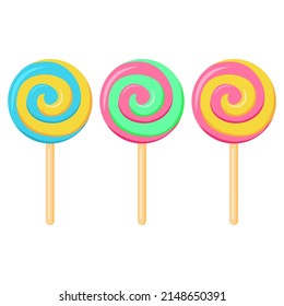 Spiral striped colorful lollipops on sticks.Sweet cute swirl lollipops.Colored sugar candies.Hand drawn style. Candy icon set.Sweet caramel suckers. Isolated on white background.