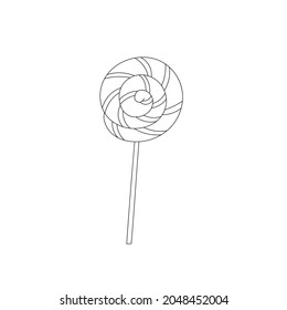 Spiral striped doodle lollipop. Line art. Twisted sucker candy on stick. Isolated vector illustration 