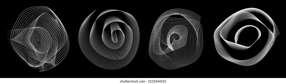 Elementos monocromáticos a rayas espirales sobre un fondo negro. Un conjunto de elementos de diseño gráfico 3d de varias formas. Ilustración vectorial.