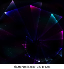 The spiral structure of many transparent glass shimmering triangles on a background of outer space in retro style.