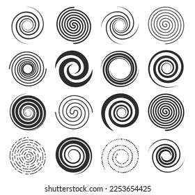 Iconos de giro espiral, líneas de forma circular y símbolos giratorios, movimiento circular circular vectorial y elementos hipnóticos. Giros espirales en un patrón geométrico abstracto, líneas de velocidad radiales en torceduras y remolques