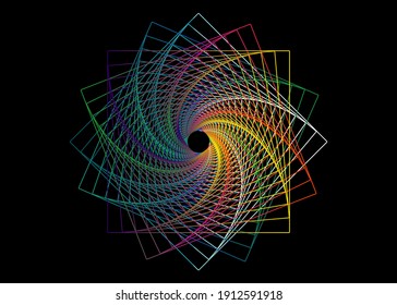 Spiral Swirl Line drawing colorful mandala, sacred geometry, logo design element. Geometric mystic spectrum Flower of alchemy esoteric symbol, vector illustration isolated on black background 