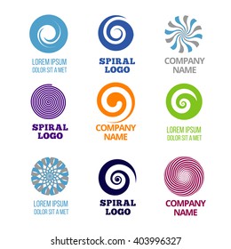 Spiral and swirl logos vector set. Company name spiral label, badge logo spiral color, emblem color business logo, spiral or swirl cyclic illustration