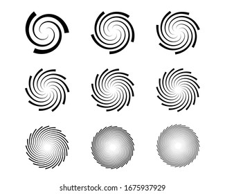 Spiral and swirl motion twisting circles design element set. Vector illustration.